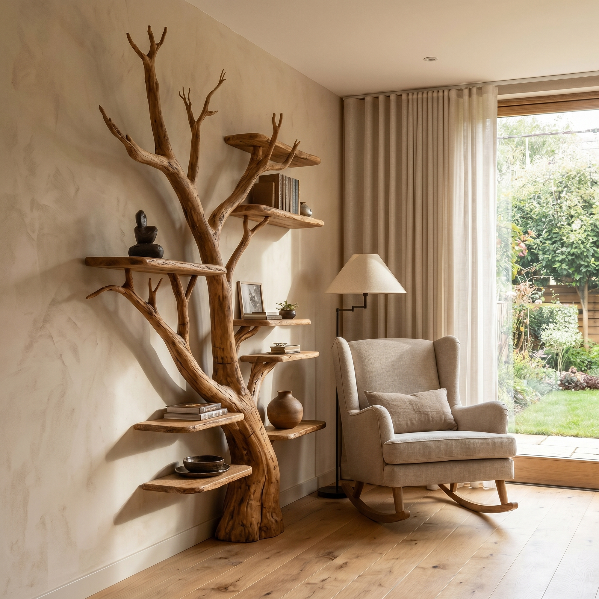 Rustic Tree Wall Bookshelf Entryway Study