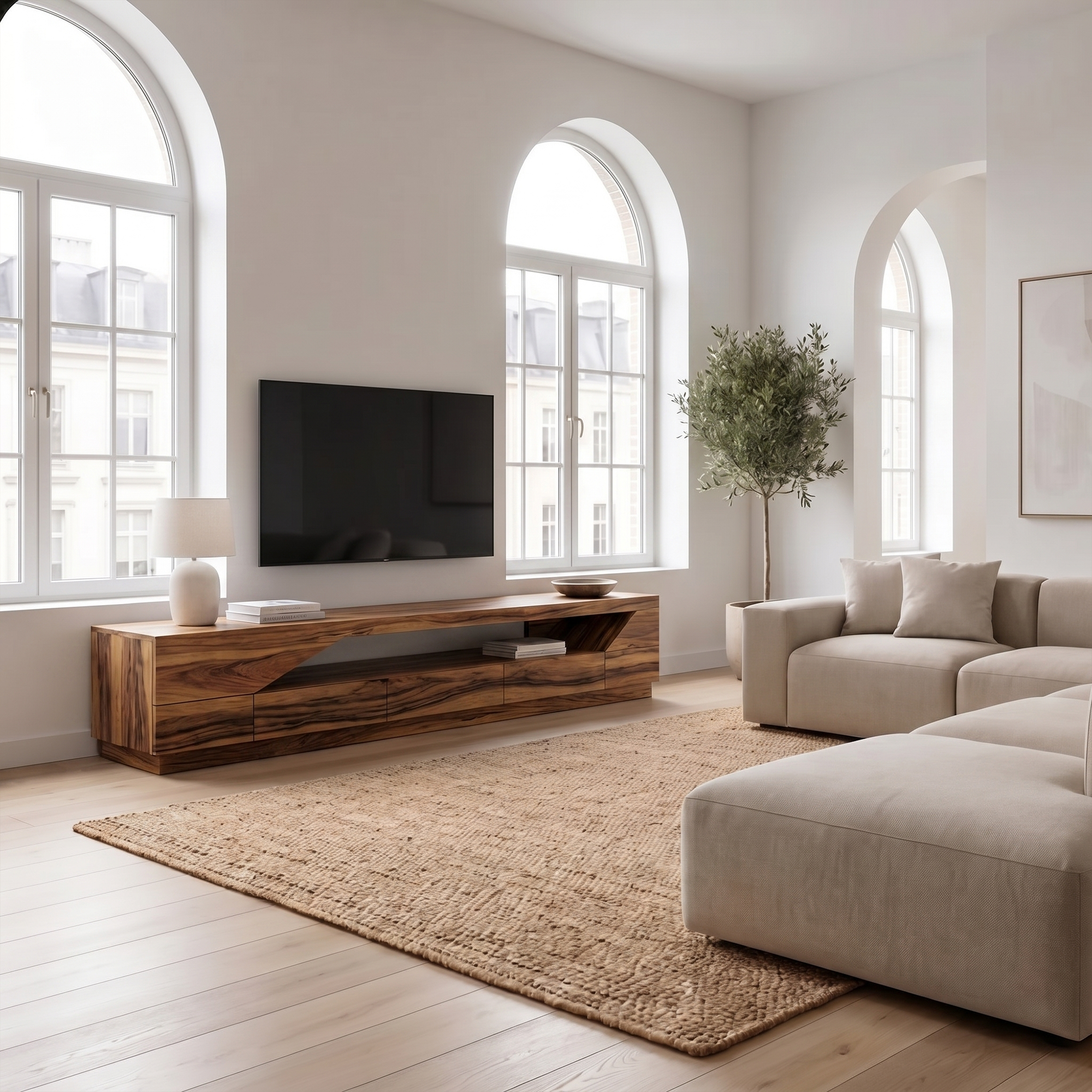 Minimal TV Console With Natural Wood Grain Design For Living Room