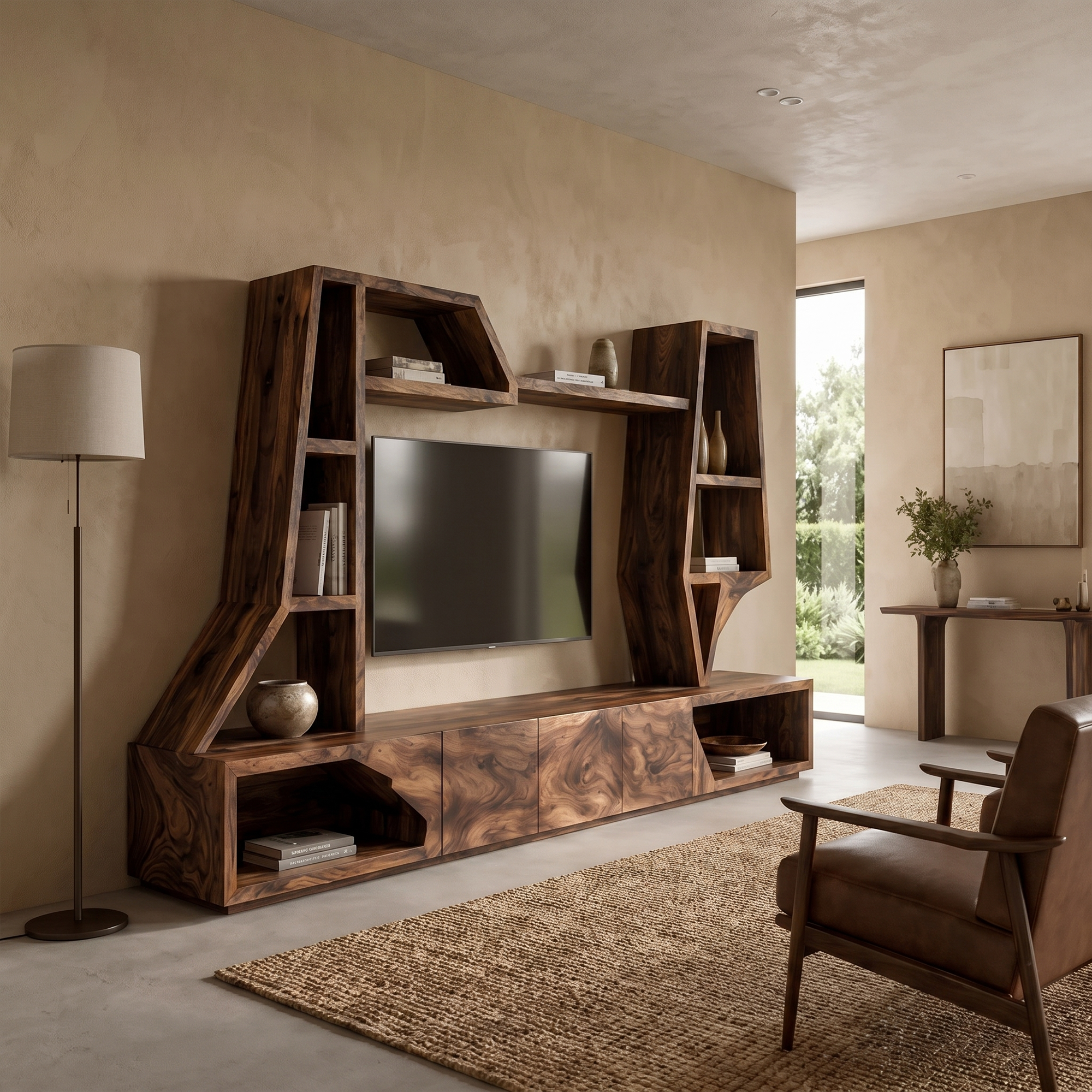 Organic TV Cabinet With Sculptural Branch Shelving And Wall Mounted Storage For Living Room