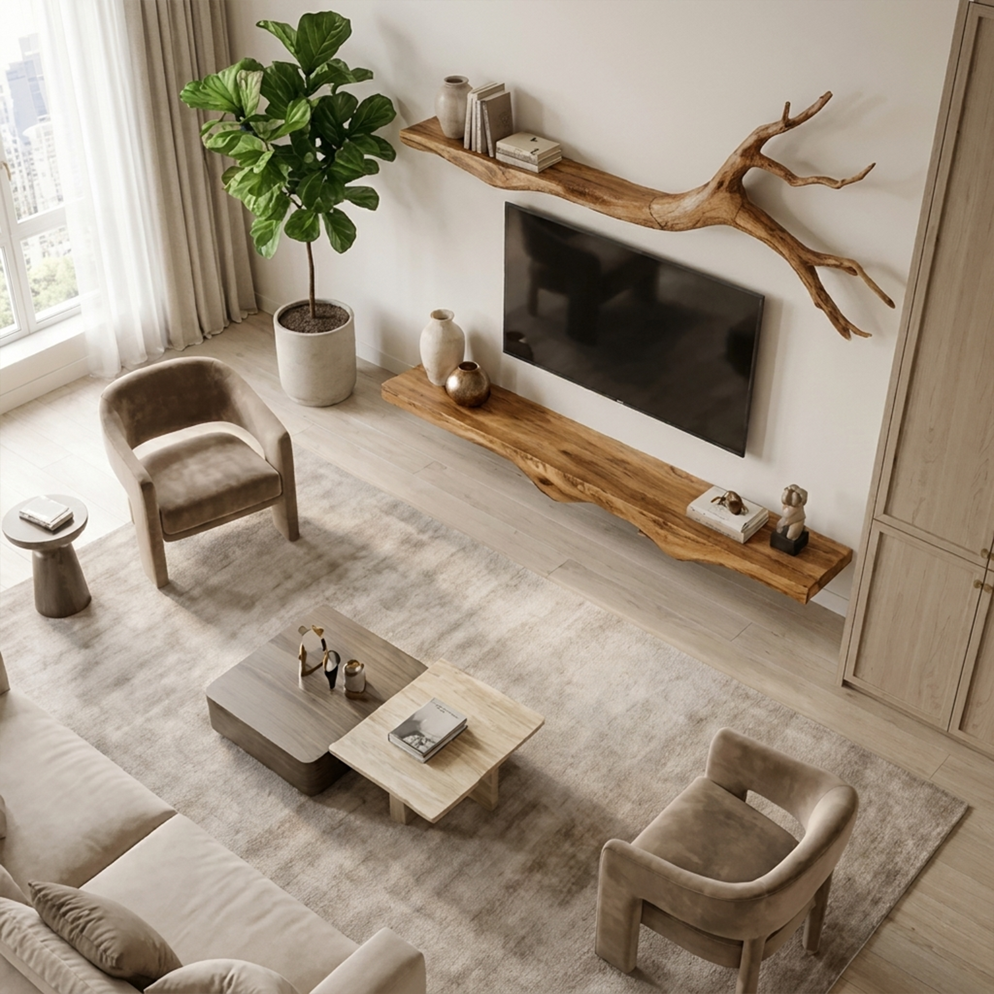 Set 2 Pieces Rustic Floating Wall TV Console Solid Wood Bedroom Living
