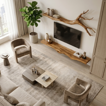 Set 2 Pieces Rustic Floating Wall TV Console Solid Wood Bedroom Living