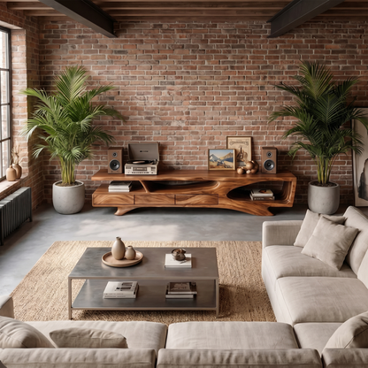 Rustic Organic TV Cabinet With Sculptural Solid Wood Base For Living Room