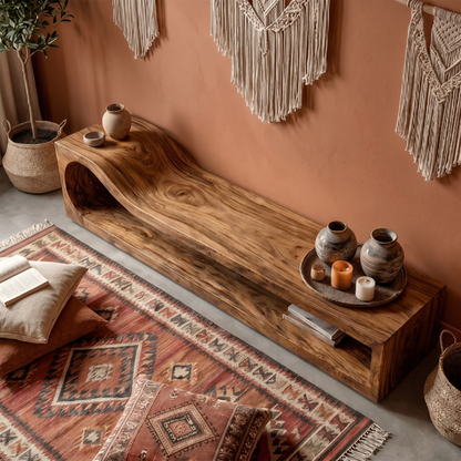Organic TV Cabinet With Sculptural Wave Wood Base And Solid Wood Media Console For Living Room