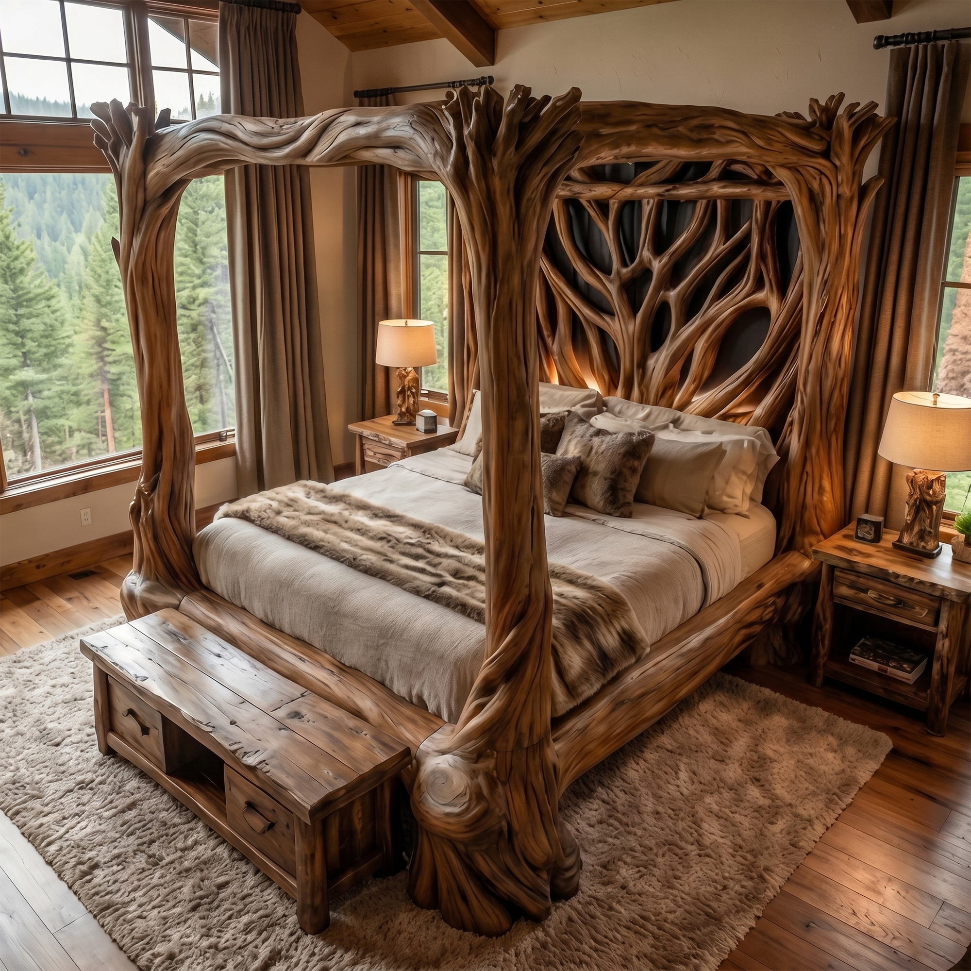 Organic Sculptural Canopy Bed With Handcrafted Tree Branch Wood Frame For Bedroom Decor