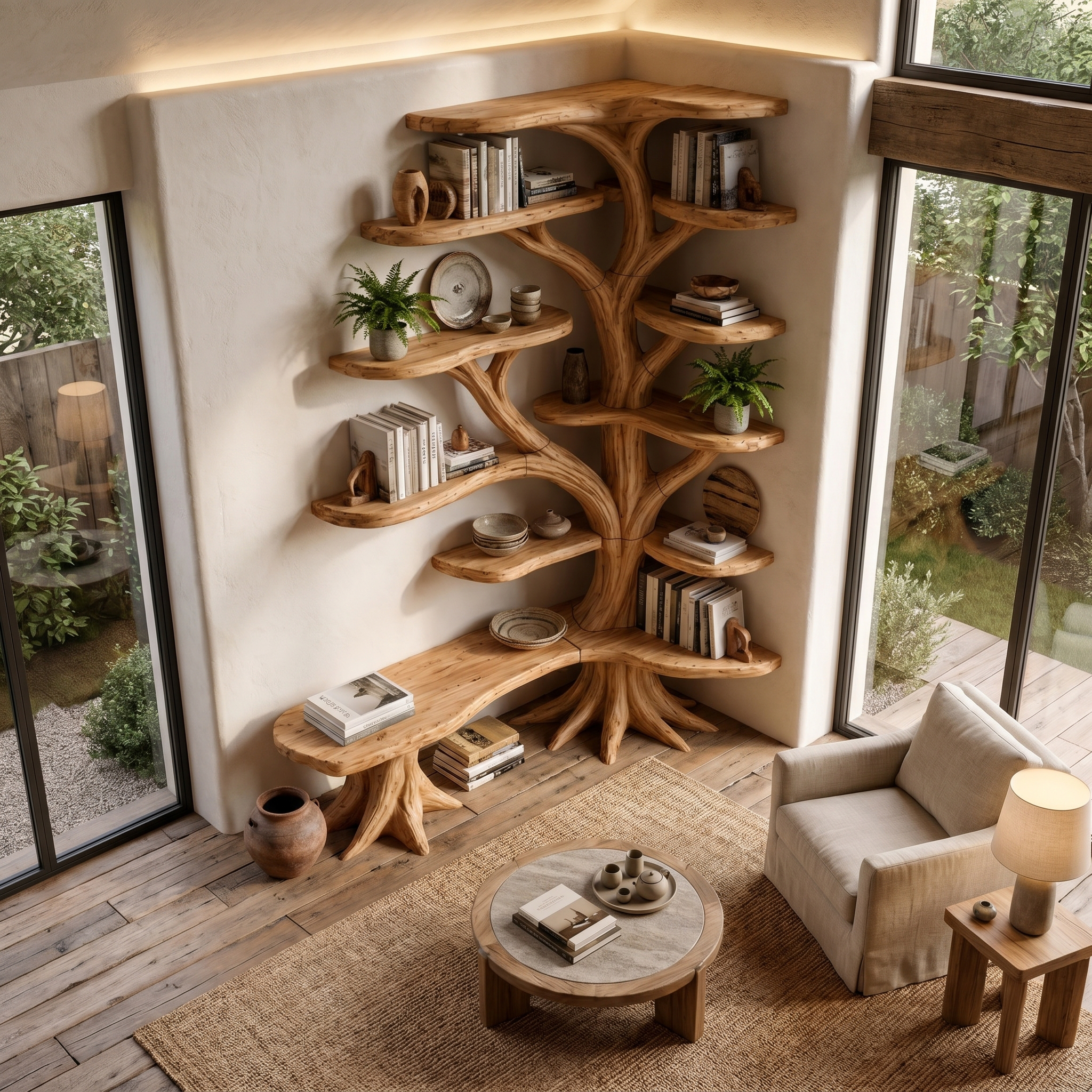 Organic Tree Bookshelf With Sculptural Branch Design And Multi Tier Display Shelves For Living Room.