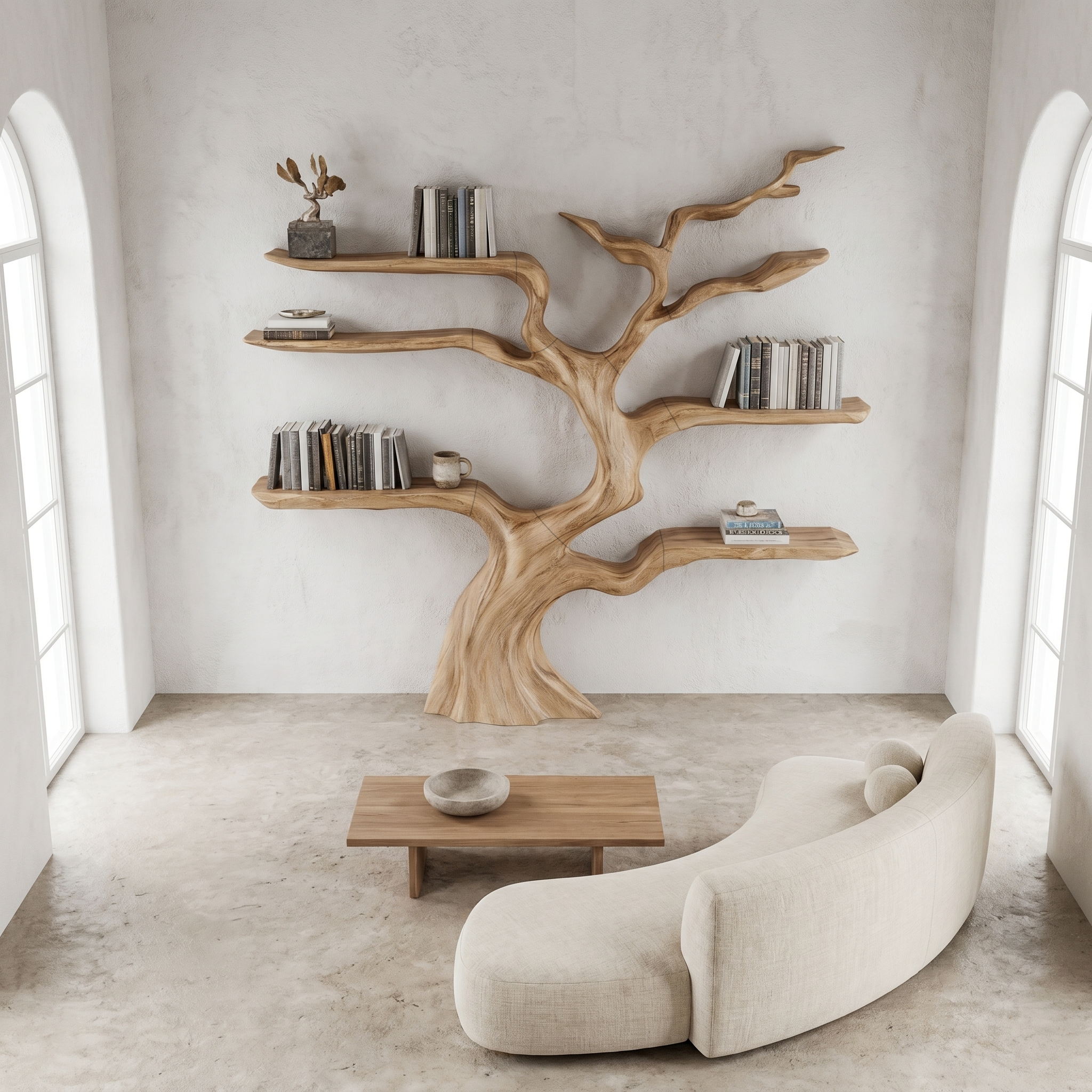 Nature Inspired Tree Bookshelf With Floating Wooden Shelves For Living Room Decor