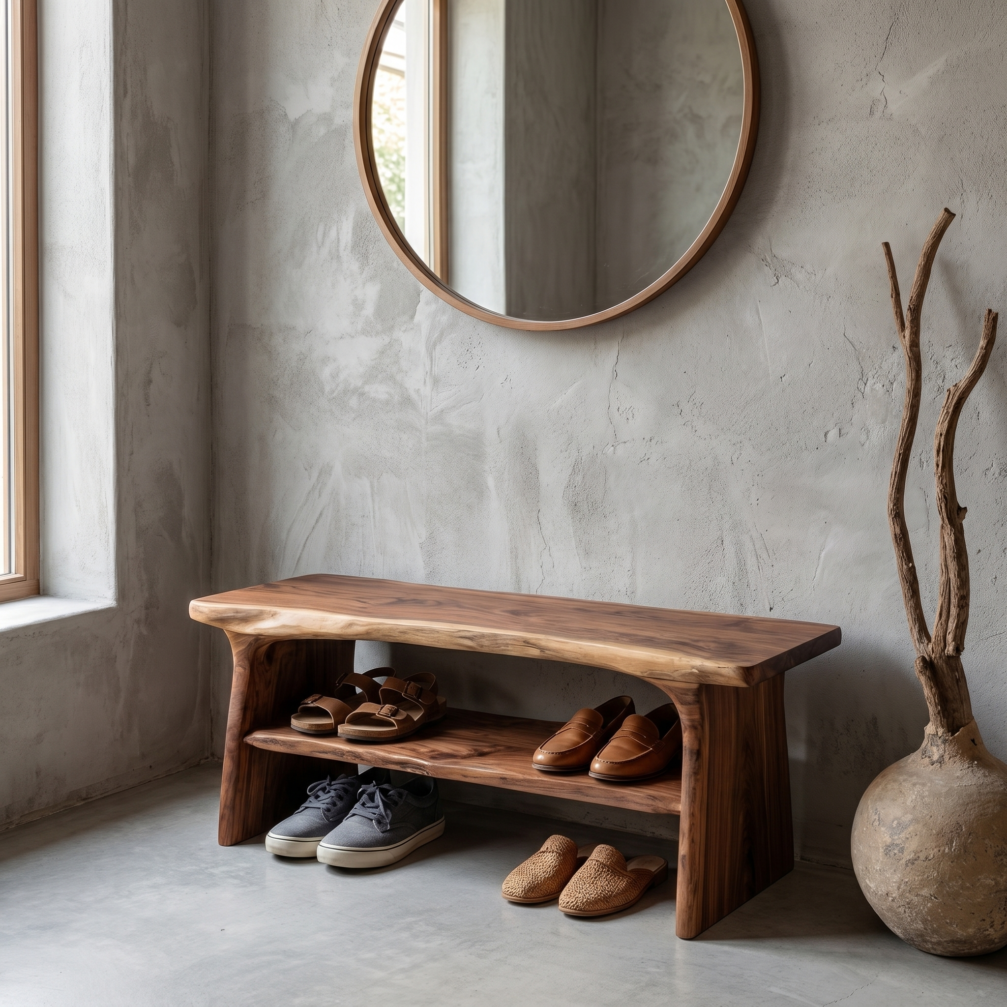 Rustic Shoe Bench With Natural Wood Storage For Entryway