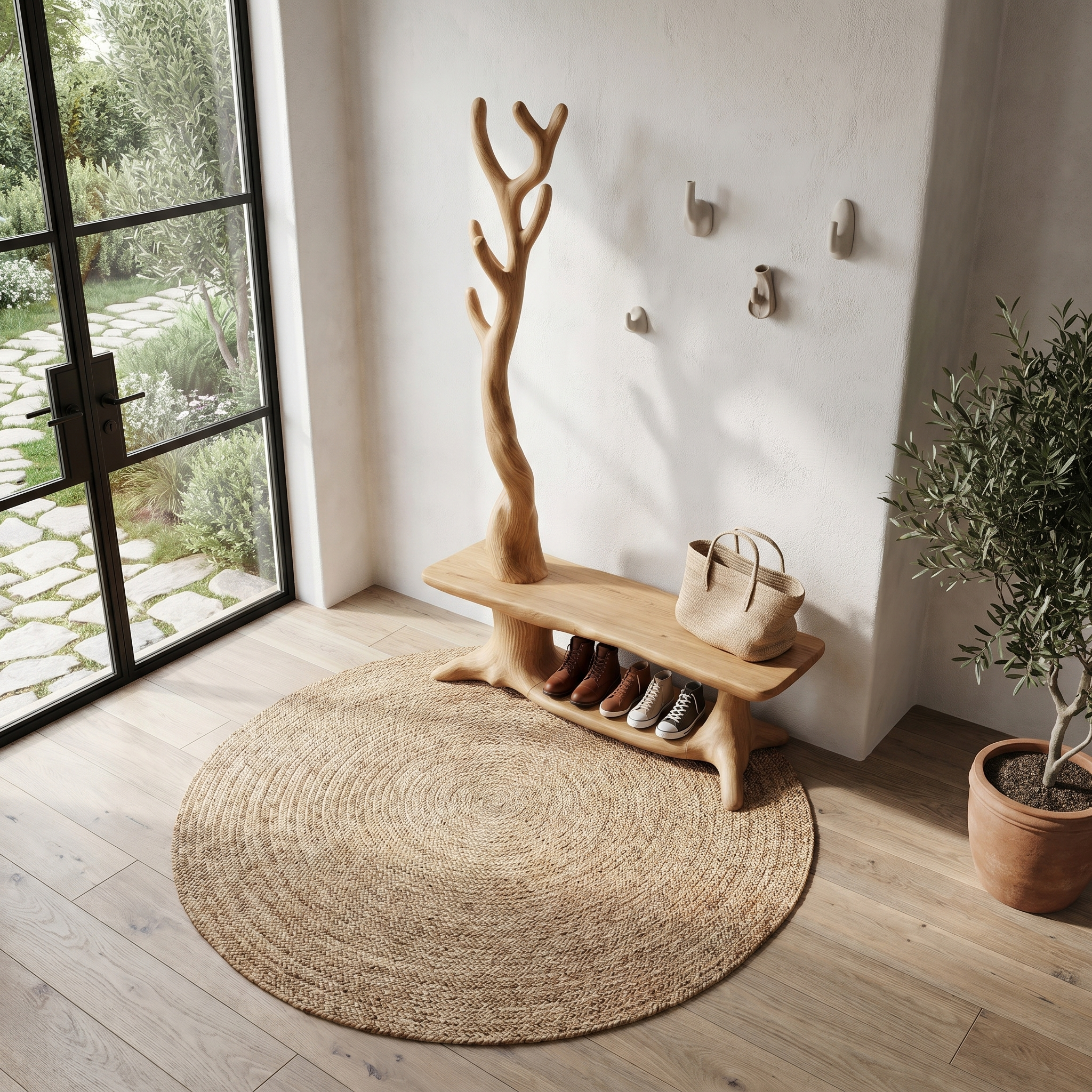 Rustic Shoe Storage Bench With Branch Coat Rack For Entryway