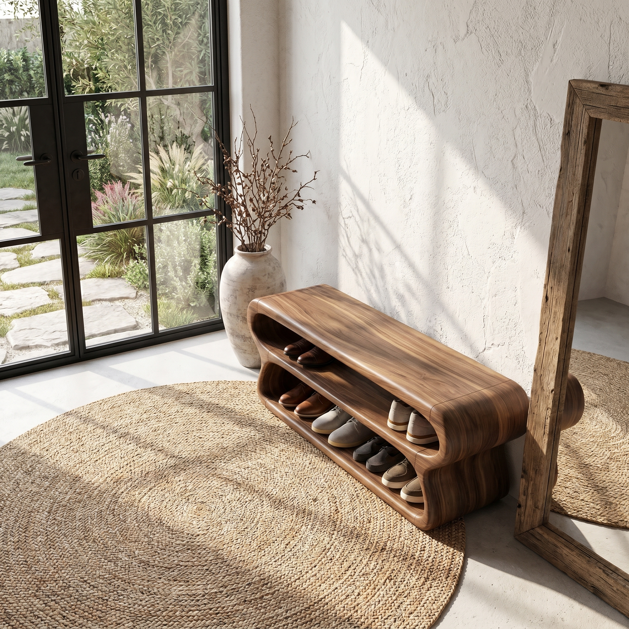 Contemporary Shoe Bench With Open Storage Compartments For Hallway