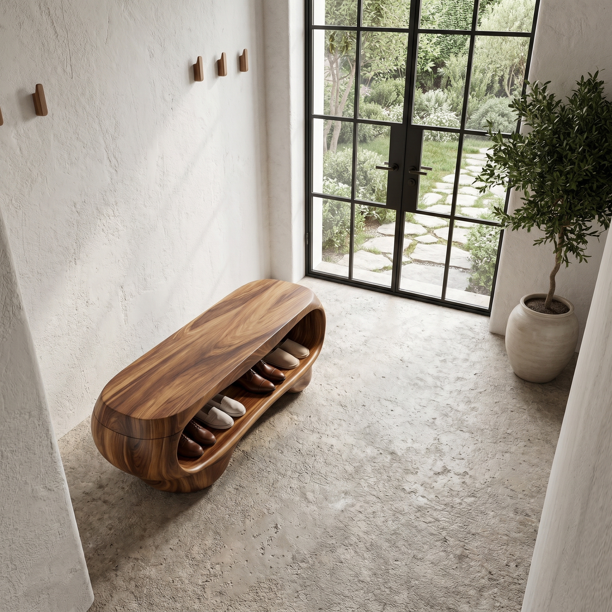 Organic Shoe Bench With Rounded Storage Shelves For Entryway