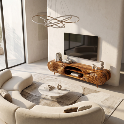 Organic Modern TV Cabinet Sculptural Wood Grain Design For Living Room