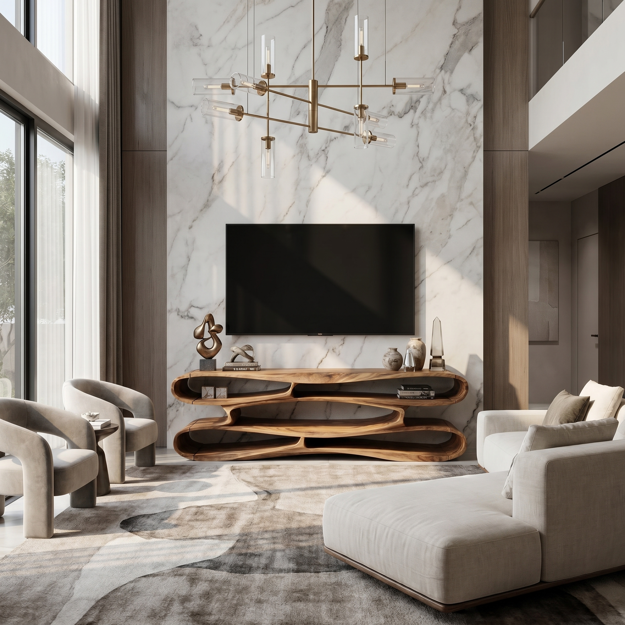 Sculptural Wood TV Cabinet Nature Inspired Entertainment Console For Living Room