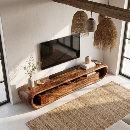 Organic TV Cabinet With Built In Storage And Rounded Curved Edges For Living Room