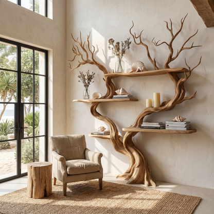 Organic Tree Wall Shelf With Multi Tier Display Shelves For Home