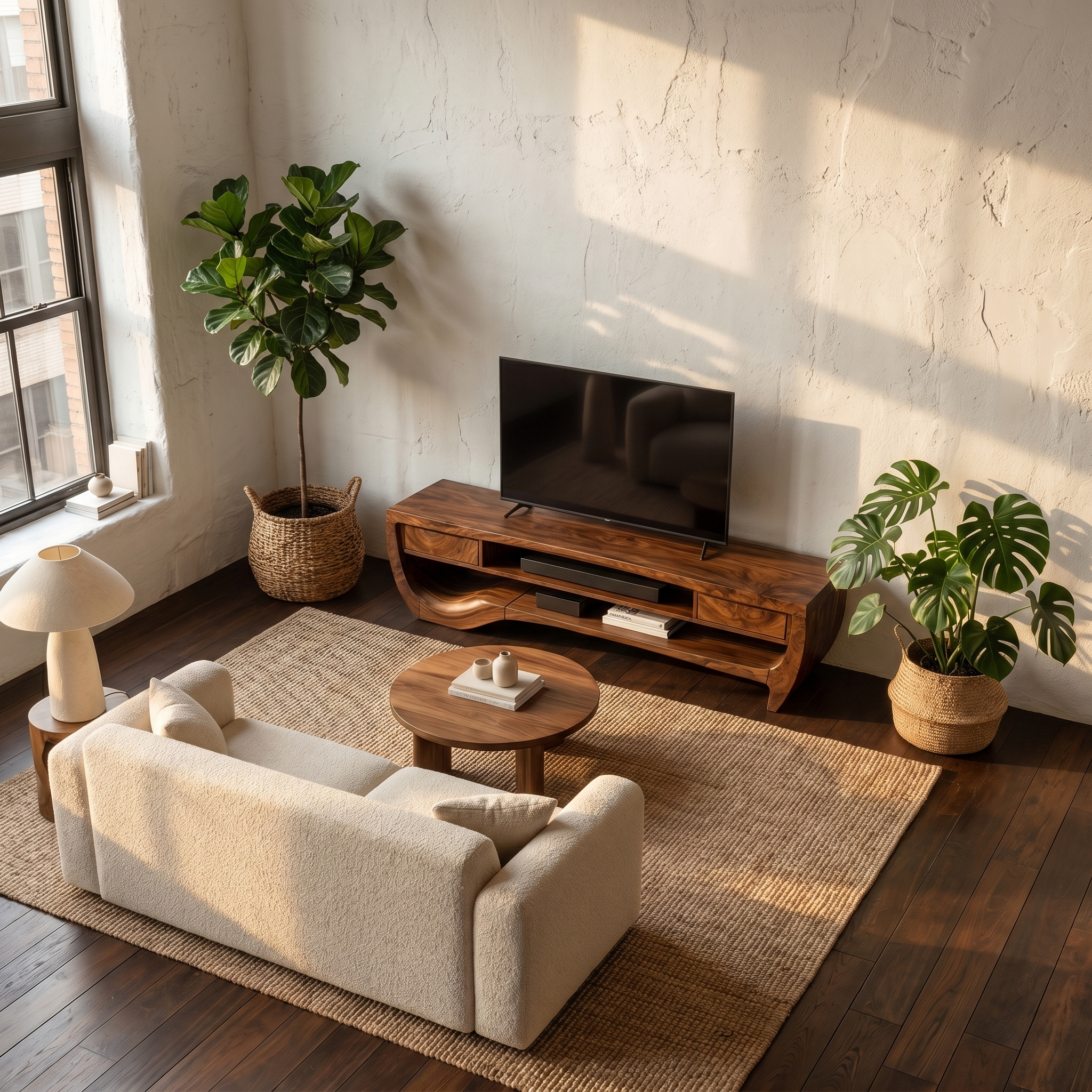 Organic TV Cabinet With Open Storage And Sculptural Curved Wood Design For Living Room