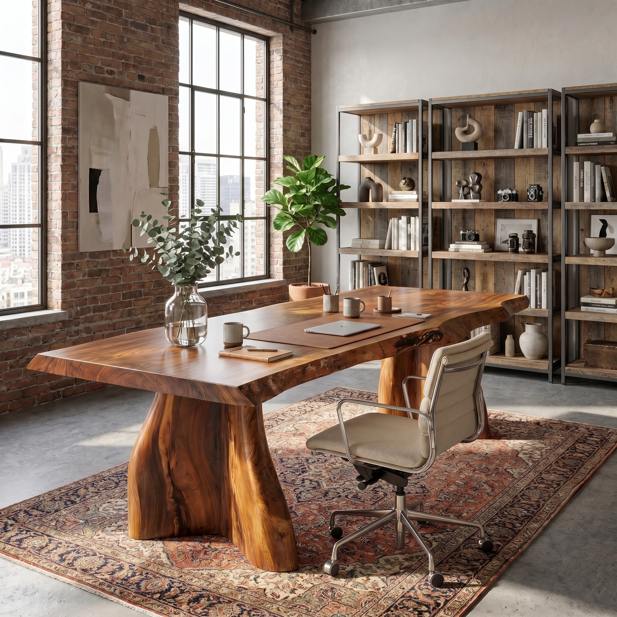 Rustic Live Edge Executive Desk With Sculptural Solid Wood Base For Home Office