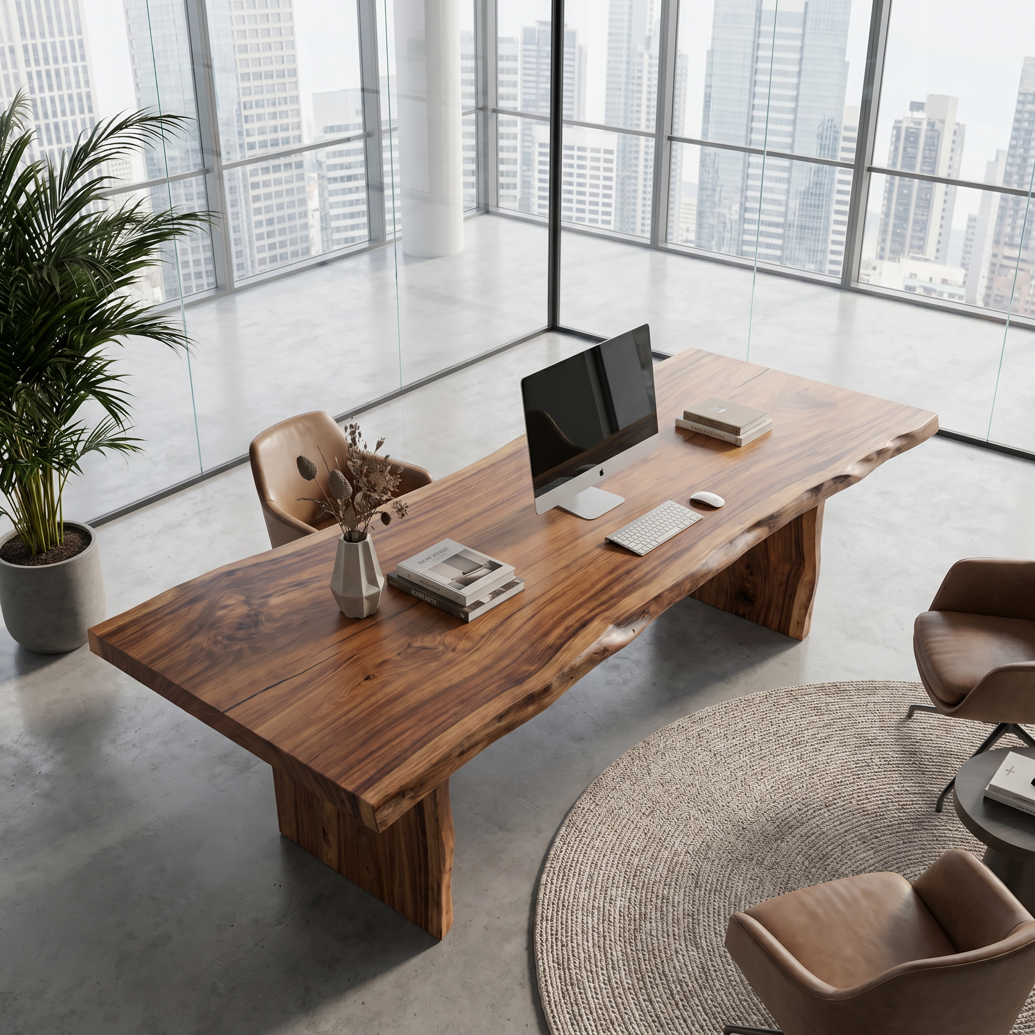 Rustic Live Edge Wooden Desk With Solid Wood Pedestal Base For Home Office