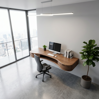 Modern Floating Desk With Built In Drawer Storage And Curved Wood Design For Home Office And Workspace
