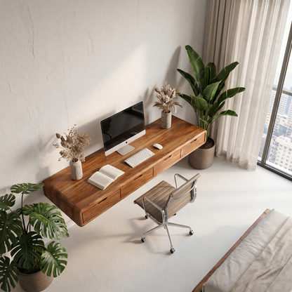 Modern Floating Desk With Built In Drawer Storage And Wall Mounted Shelves For Home Office And Workspace