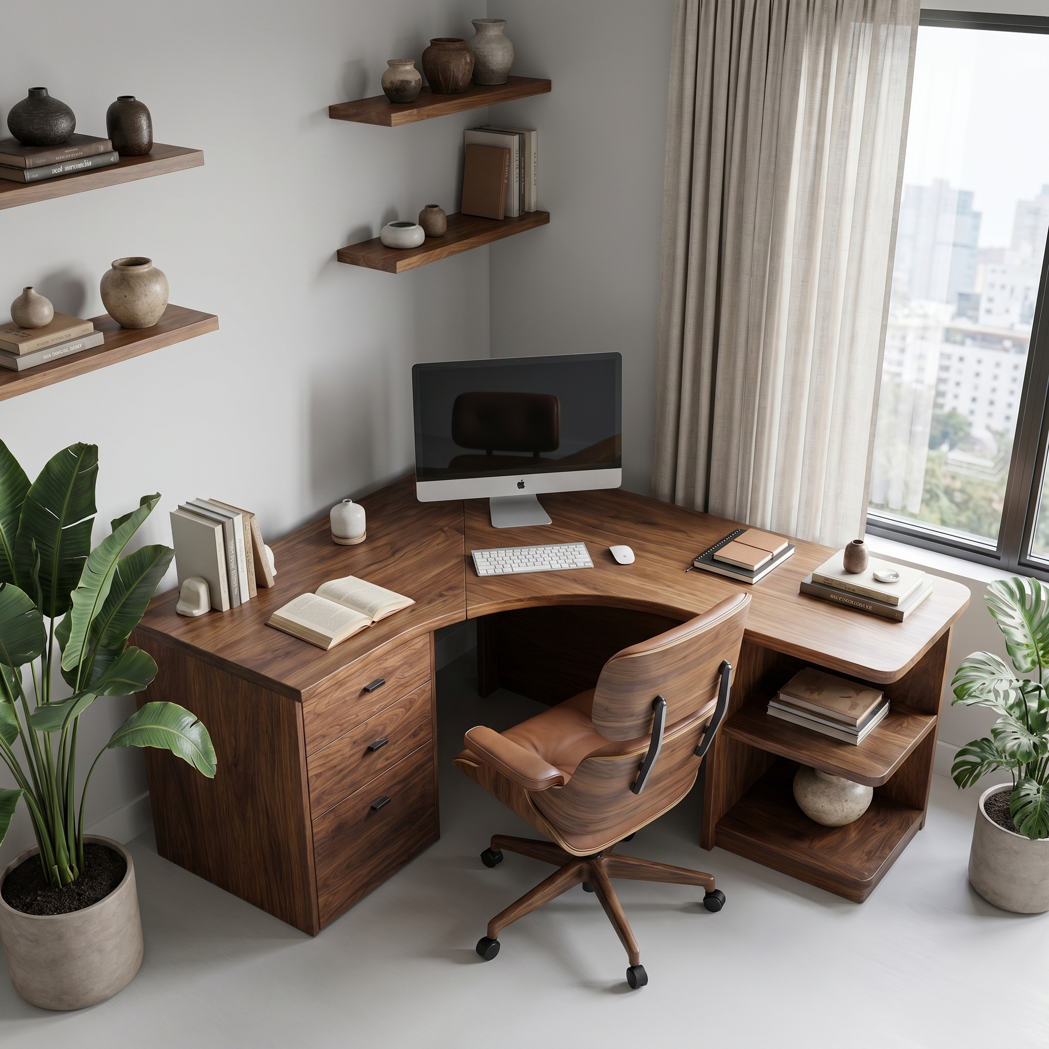 Modern Corner Desk With Built In Drawer Storage And Open Shelves For Home Office And Workspace