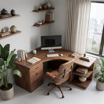 Modern Corner Desk With Built In Drawer Storage And Open Shelves For Home Office And Workspace