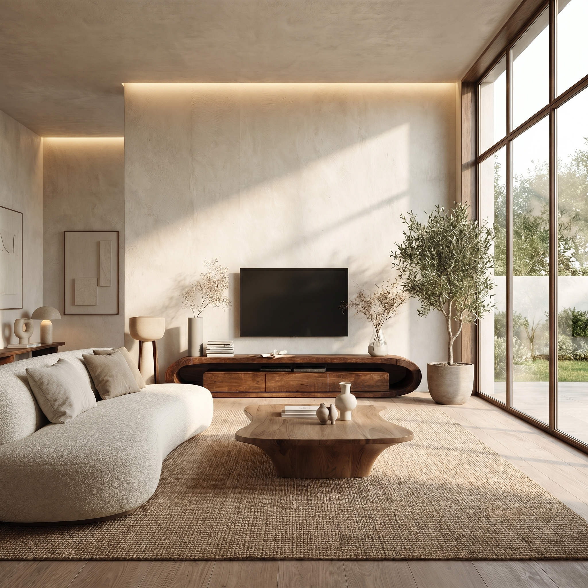 Organic TV Cabinet With Curved Solid Wood Design And Built In Drawer Storage For Living Room