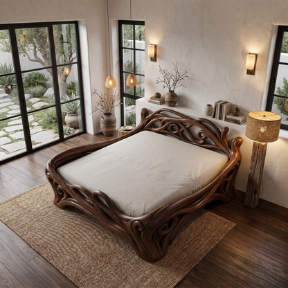 Organic Sculptural Bed Frame With Flowing Root Inspired Wood Design For Bedroom