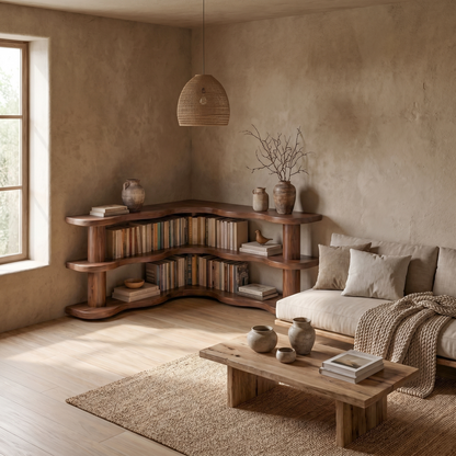 Rustic Modern Corner Bookshelf With Multi Tier Wooden Shelves For Living Room And Bedroom