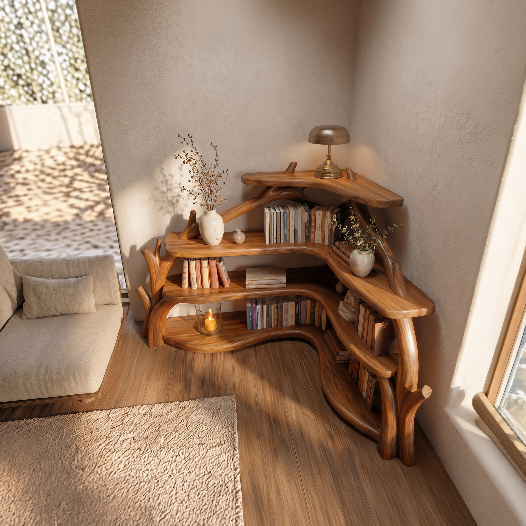 Sculptural Corner Bookcase With Natural Branch Design For Living Room