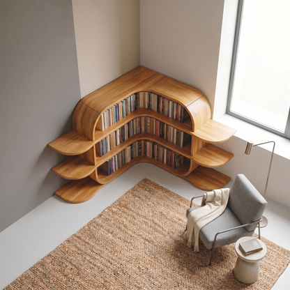 Scandinavian Arched Corner Bookshelf With Multi Tier Open Shelves For Living Room And Bedroom