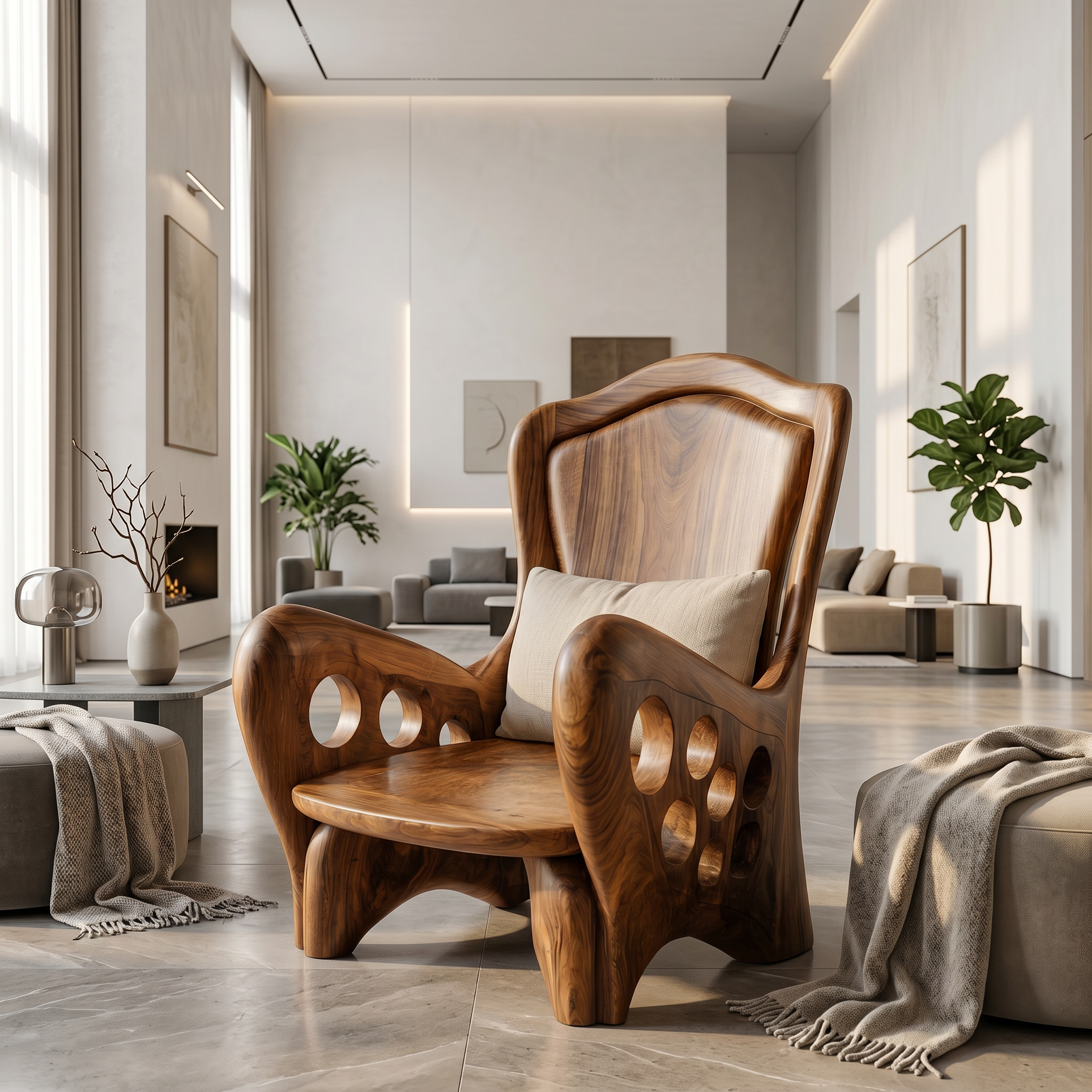 Organic Armchair With Sculptural Wood Frame For Living Room And Reading Nook