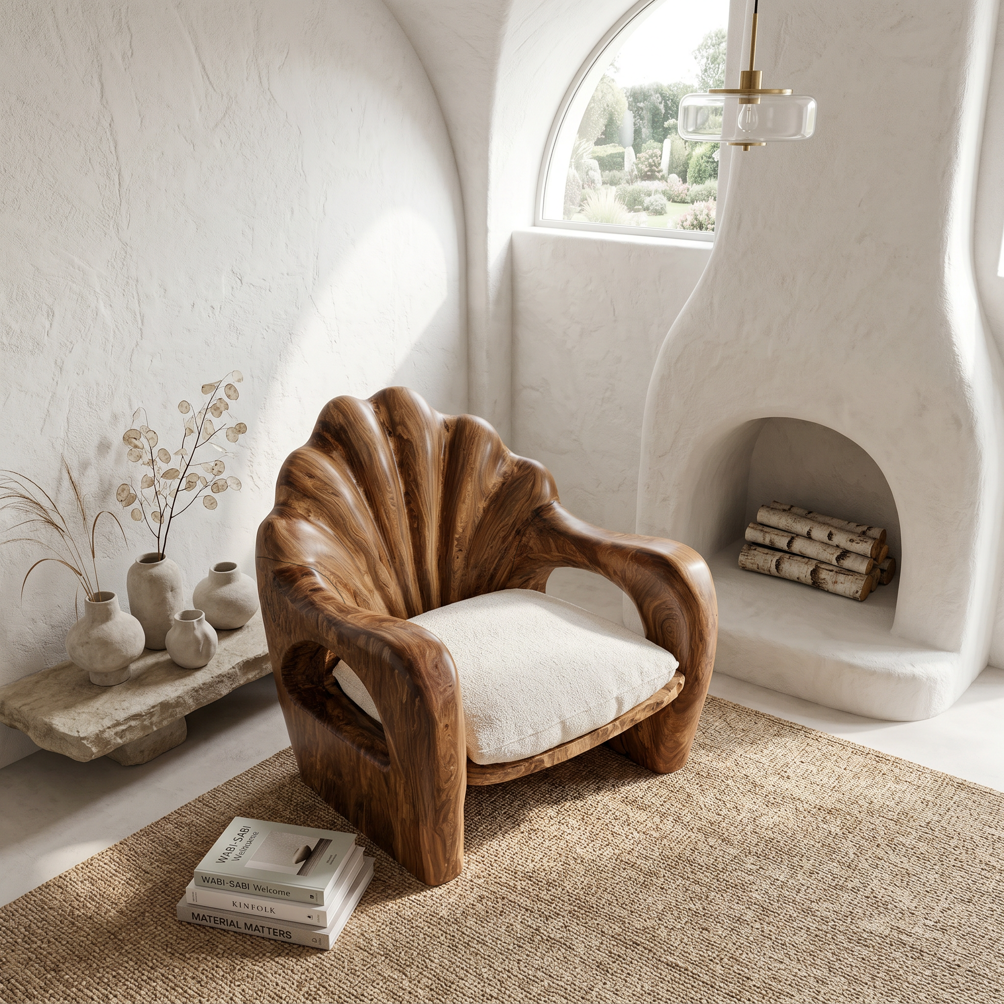 Rustic Armchair With Sculptural Solid Wood Frame For Living Room