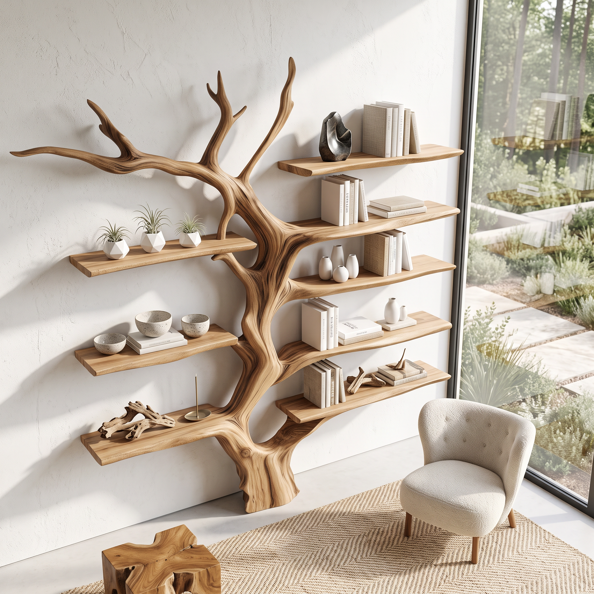 Sculptural Tree Bookcase Artistic Wooden Wall Shelf