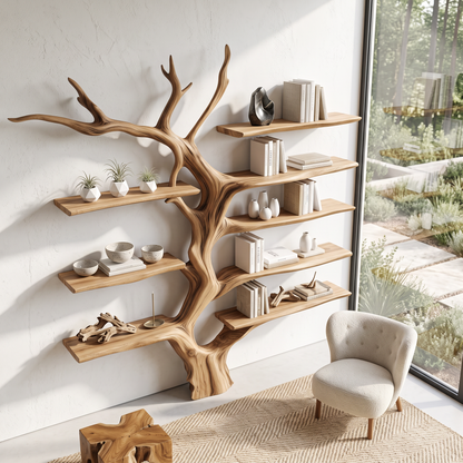 Sculptural Tree Bookcase Artistic Wooden Wall Shelf