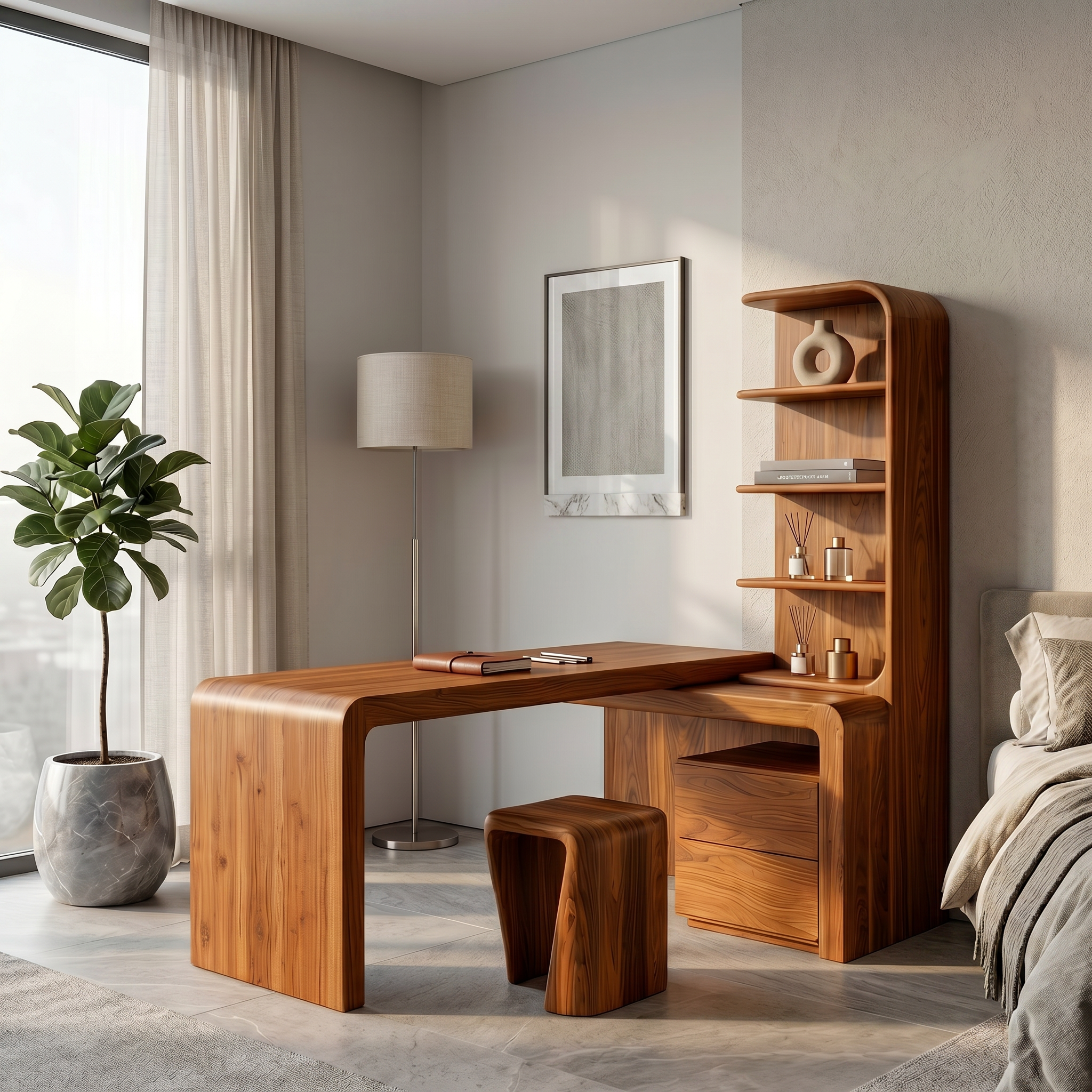 Modern Desk With Built In Bookshelf For Home Office And Workspace