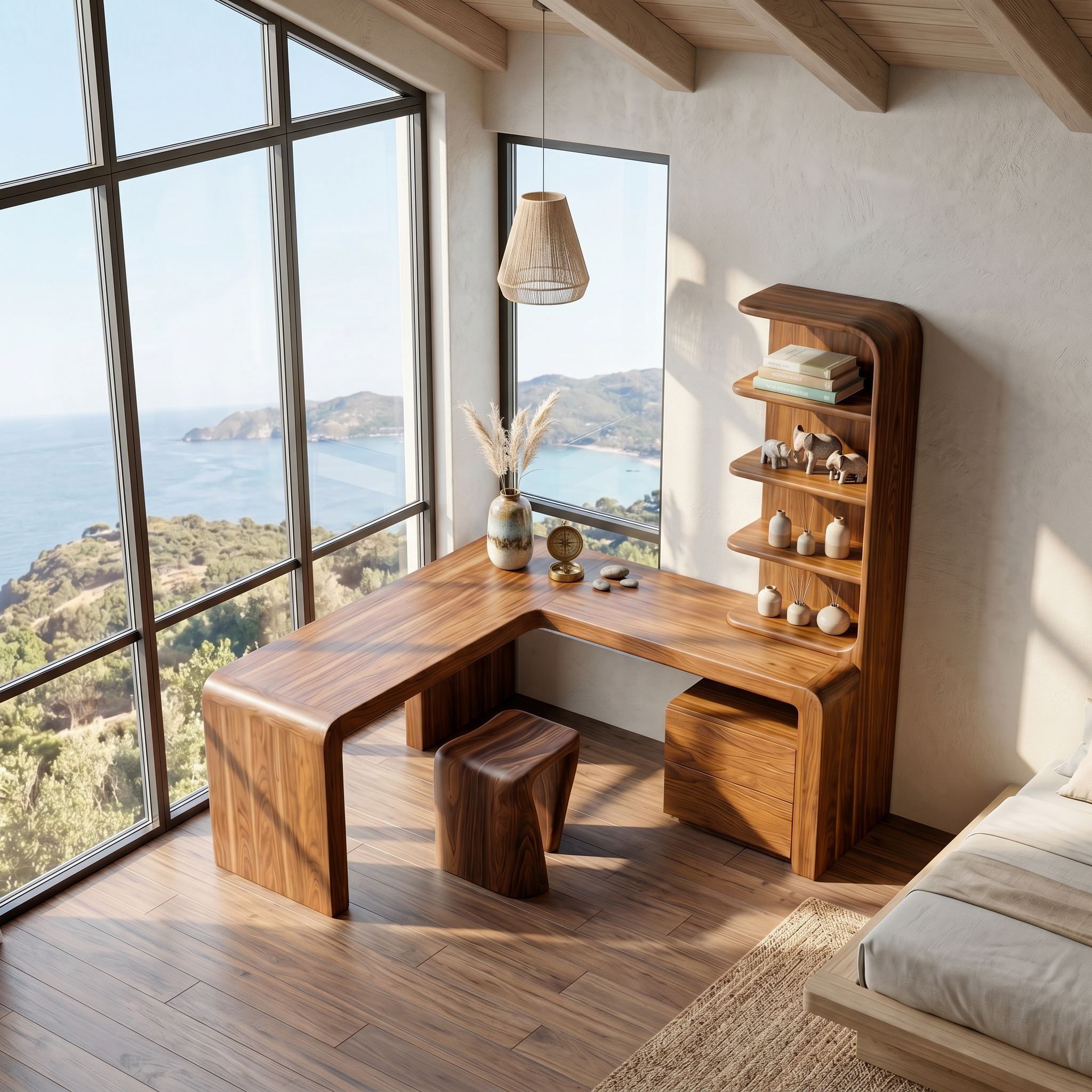 Organic Desk With Storage Shelves And Cabinet For Home Office
