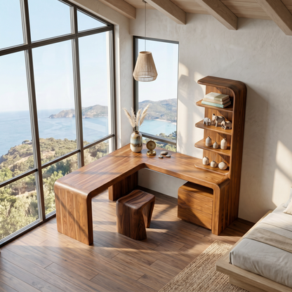 Organic Desk With Storage Shelves And Cabinet For Home Office