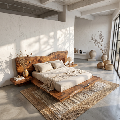 Rustic Live Edge Bed Frame With Sculptural Headboard For Bedroom