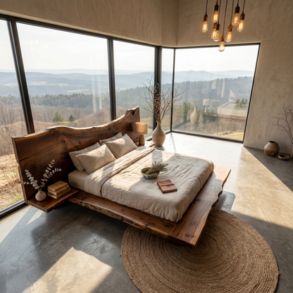 Minimalist Bed Frame With Organic Edge Headboard For Bedroom