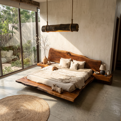 Organic Sculptural Bed Frame With Handcrafted Solid Wood Headboard And Floating Platform Design For Bedroom