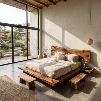 Rustic Bed Frame With Natural Wood Headboard For Bedroom