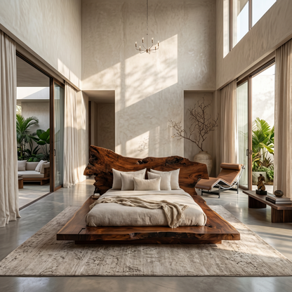 Contemporary Low Profile Bed Frame With Organic Wood Headboard For Bedroom