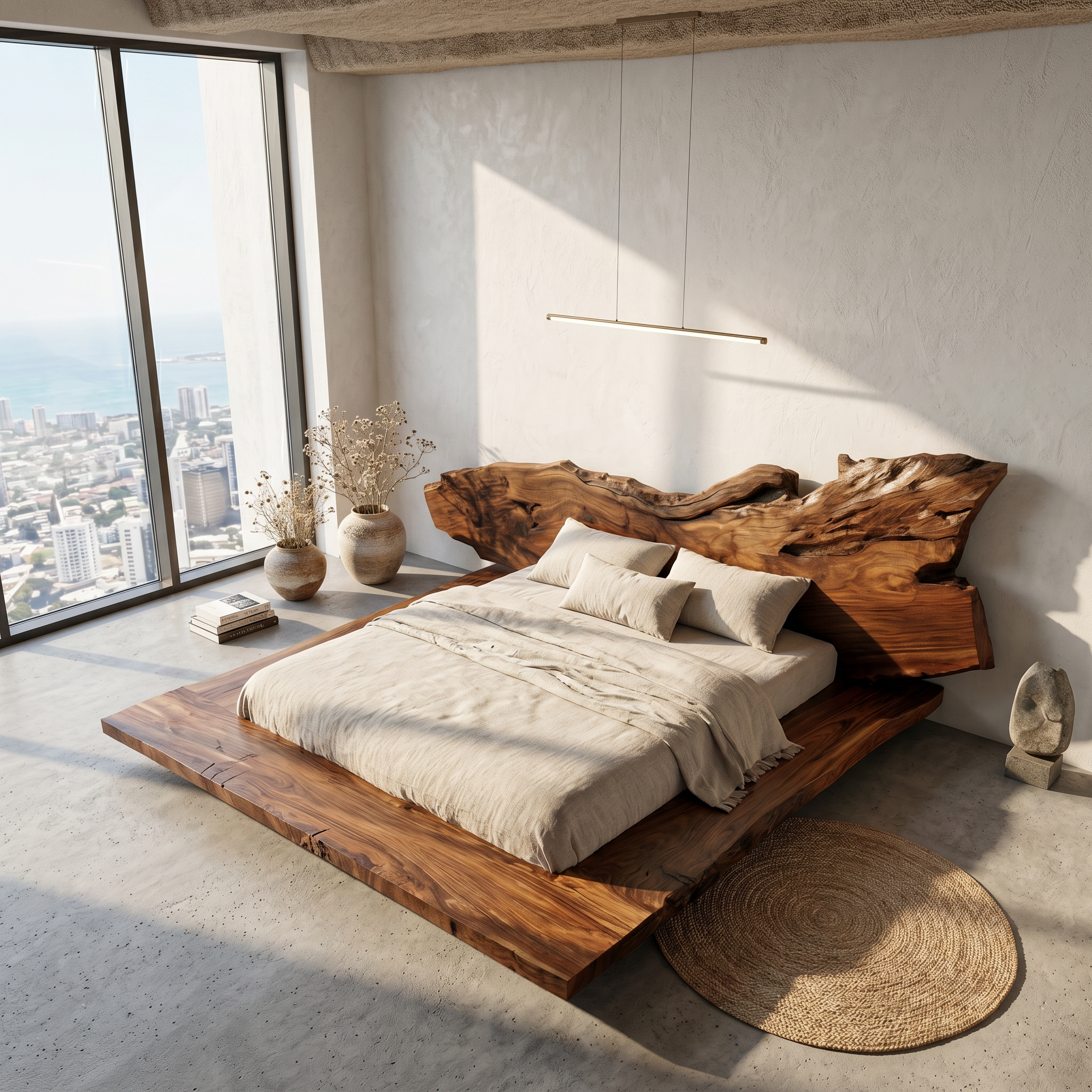 Modern Bed Frame With Live Edge Wood Headboard For Bedroom