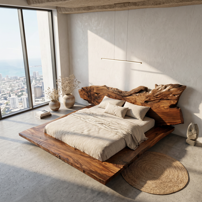 Modern Bed Frame With Live Edge Wood Headboard For Bedroom