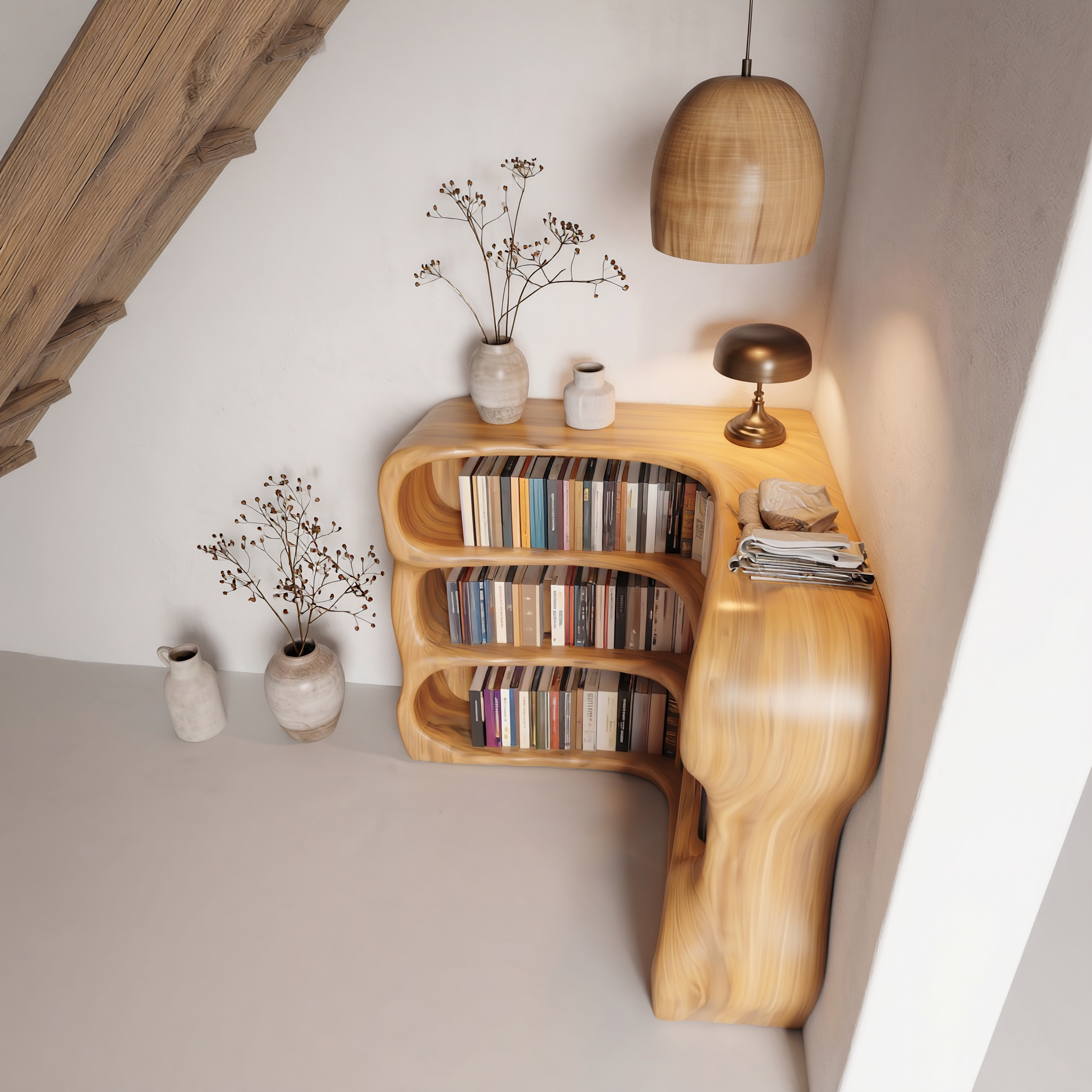 Modern Curved Bookshelf With Sculptural Open Shelves For Living Room And Bedroom