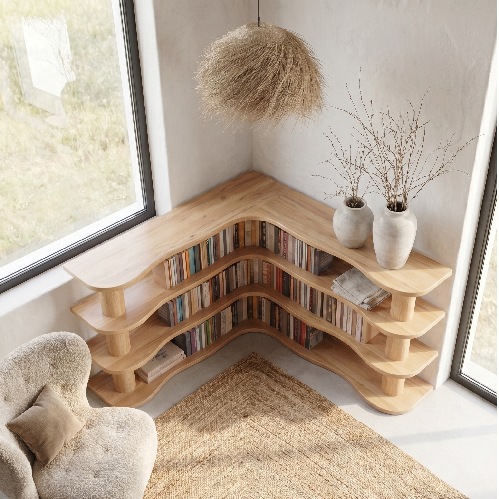Scandinavian Corner Bookshelf With Rounded Multi Tier Wooden Shelves For Living Room And Bedroom