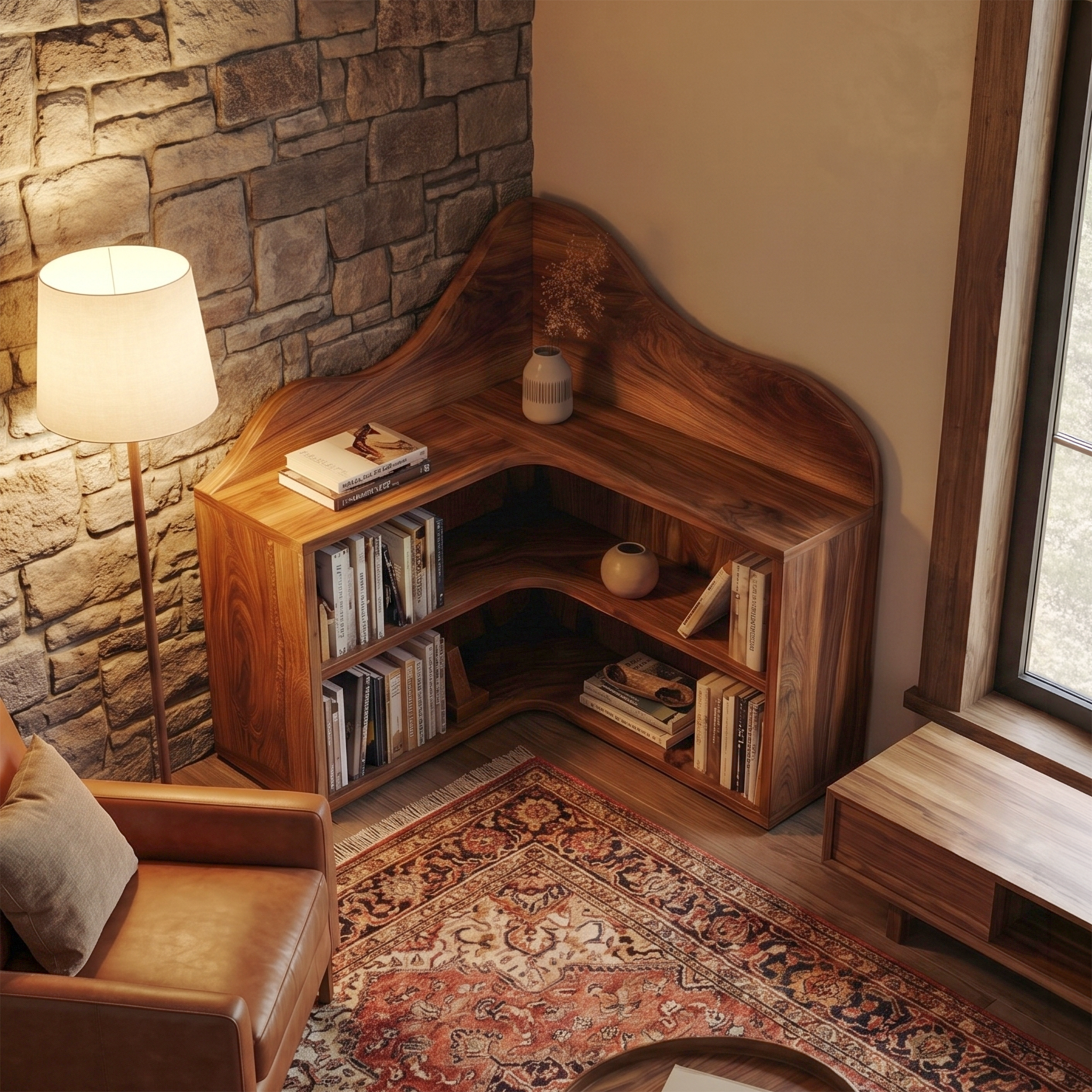 Organic Corner Bookshelf With Sculptural Curved Shelves And Open Storage For Living Room And Bedroom