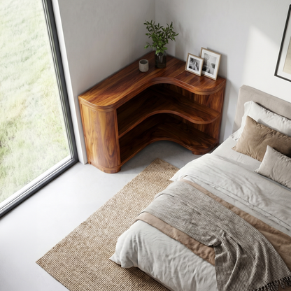 Modern Organic Corner Bookshelf With Solid Wood Open Shelves And Curved Design For Living Room And Bedroom