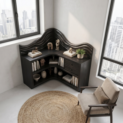 Rustic Corner Bookshelf With Arched Open Shelves And Drawer Storage For Living Room And Bedroom