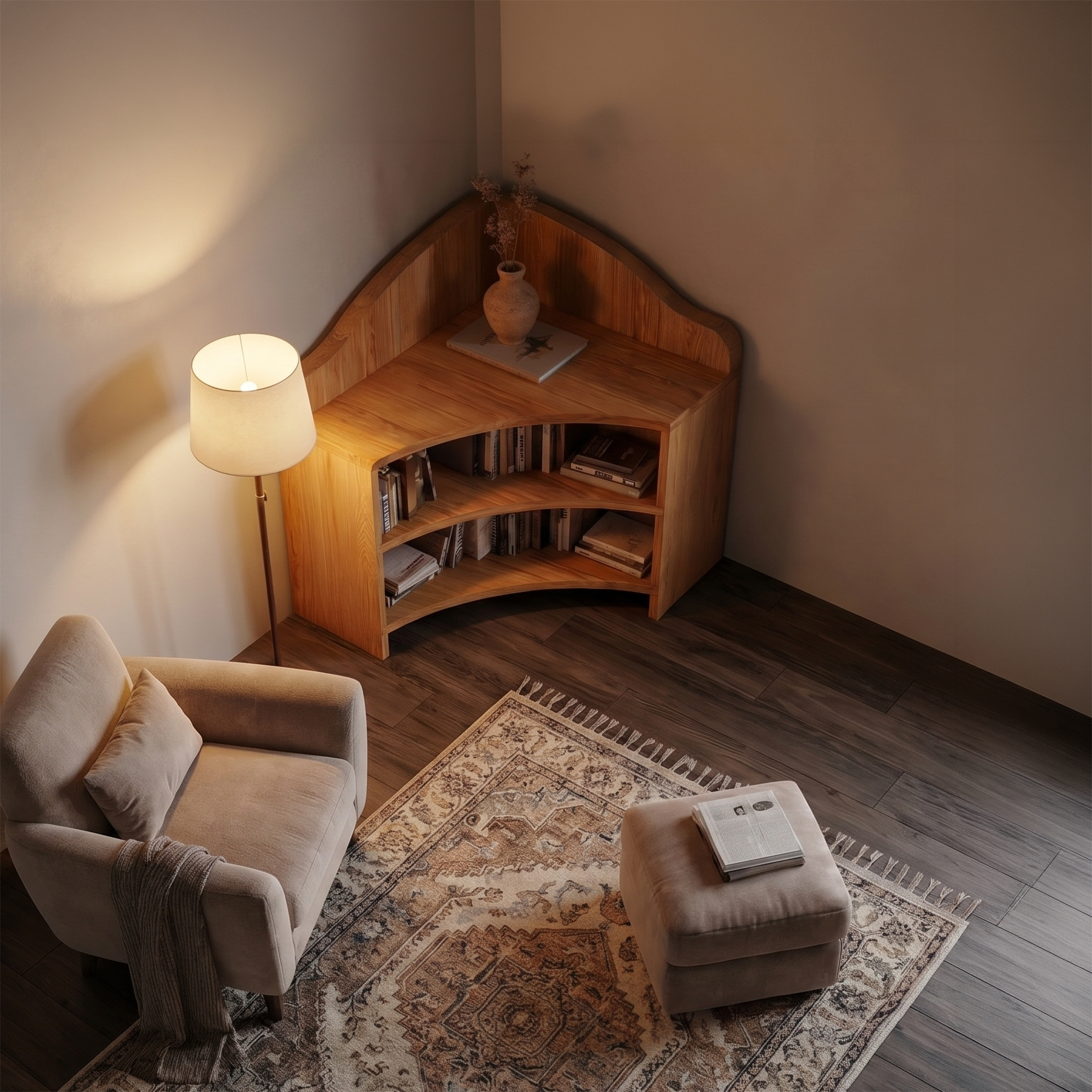 Minimal Corner Bookshelf With Clean Wooden Structure For Living Room